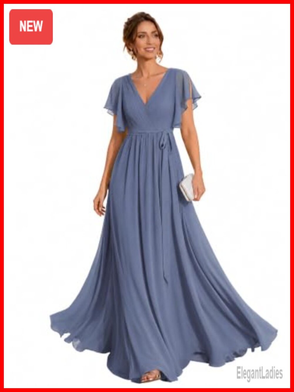 Chiffon V-Neck A-Line Maxi Bridesmaid Formal Dress Ruffle Sleeve